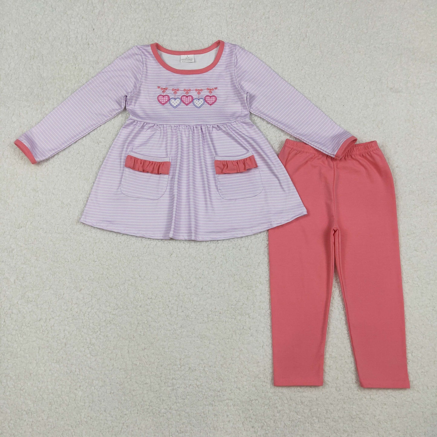 GLP2906 Baby Girls Valentine's Day Embroidery Striped Tunic Top With Leggings Set