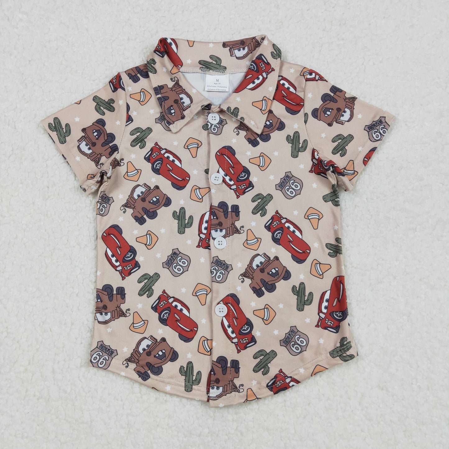 Baby Boys Brown Short Sleeves Button Down Cartoon Cars Cactus Shirts Top