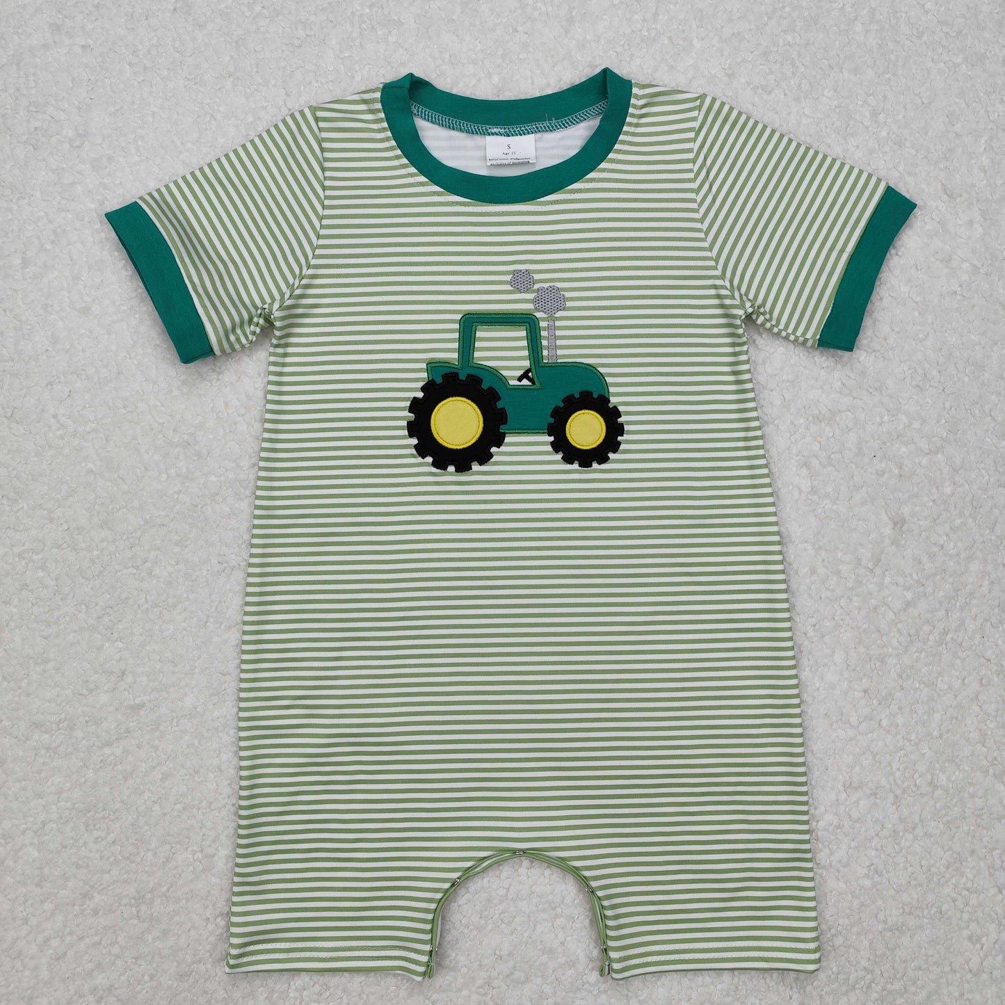 Baby Boys Green Stripe Short Sleeves Embroidery Truck Farm Romper