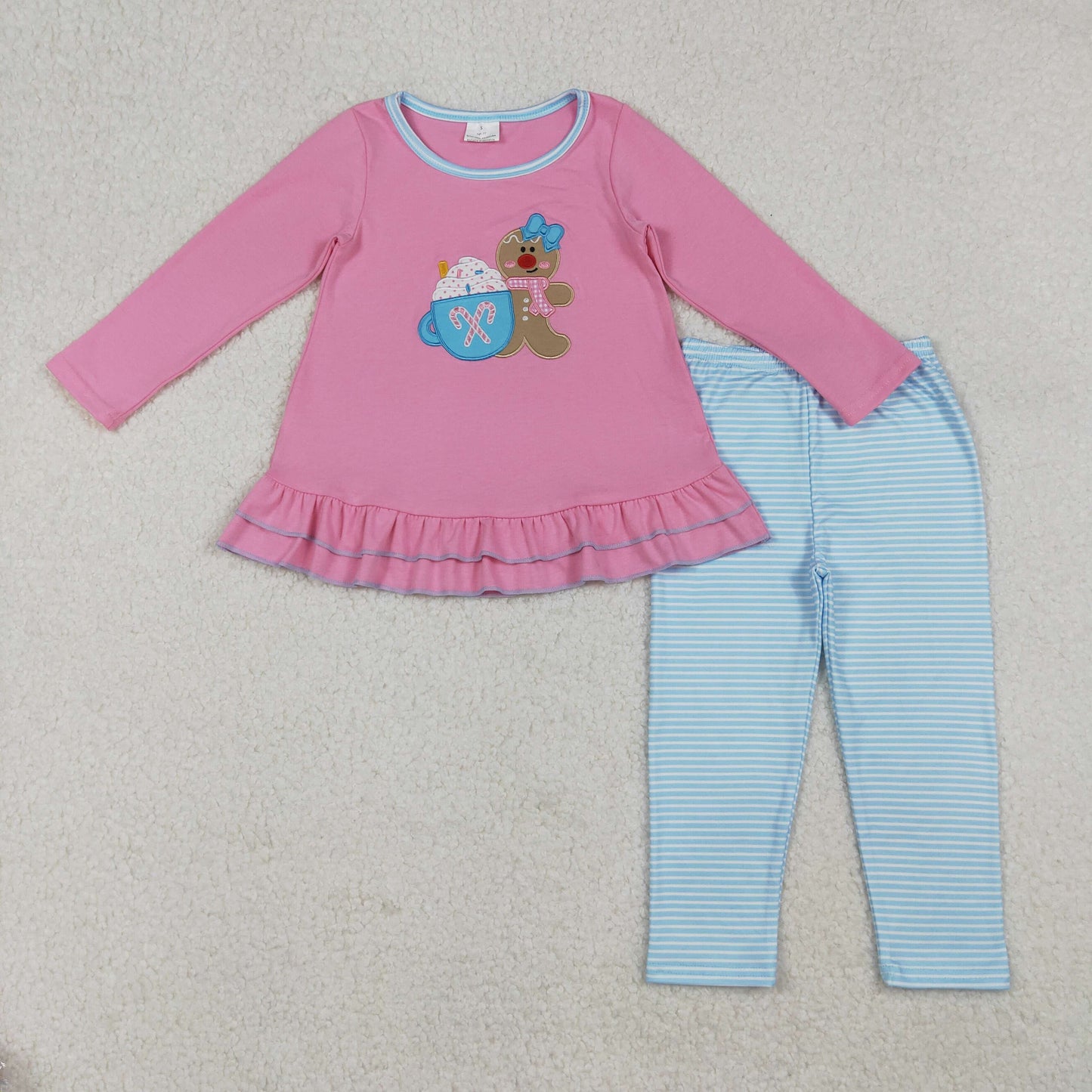Embroidery Baby Girls Pink Long Sleeves Gingerbread Tunic Blue Legging Pant Se