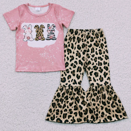 Baby Girls Pink Short Sleeves Bunny Top Leopard Bell Bottom Pant Easter Set
