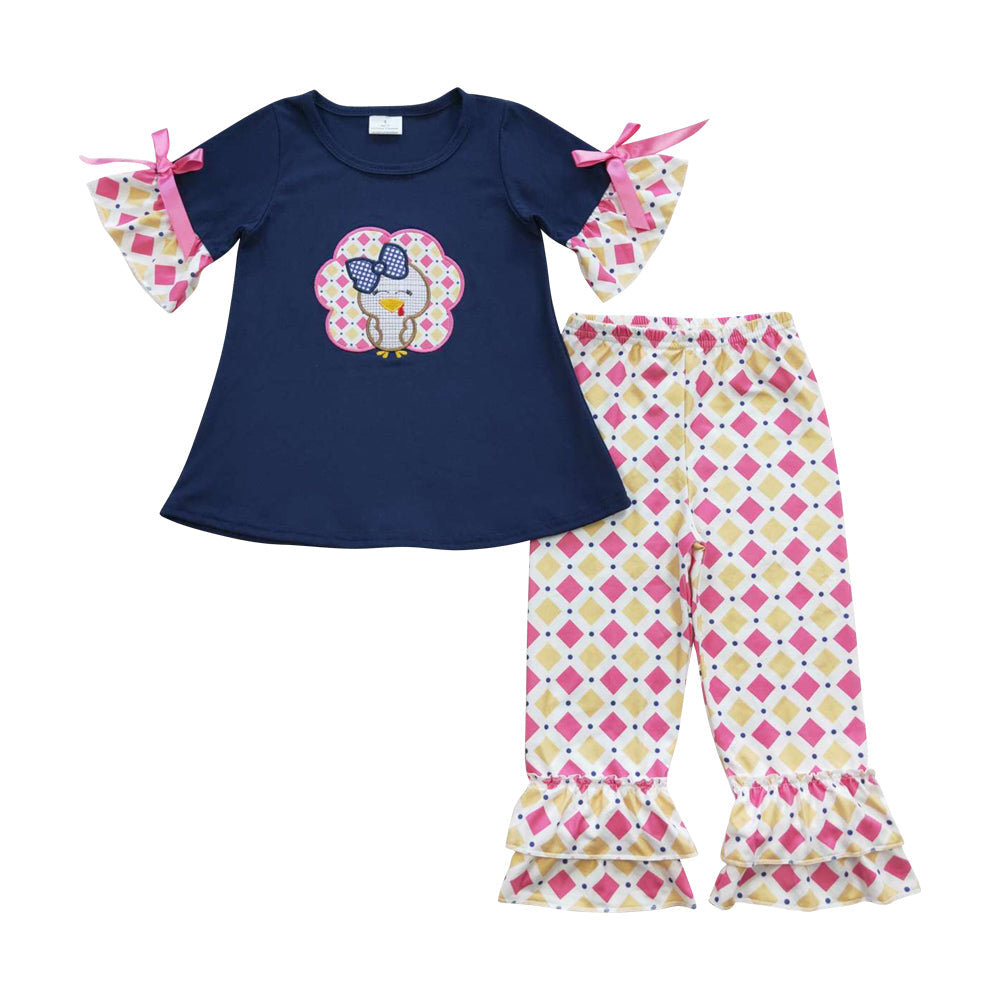 Girls Thanksgiving Embroidery Turkey Outfit
