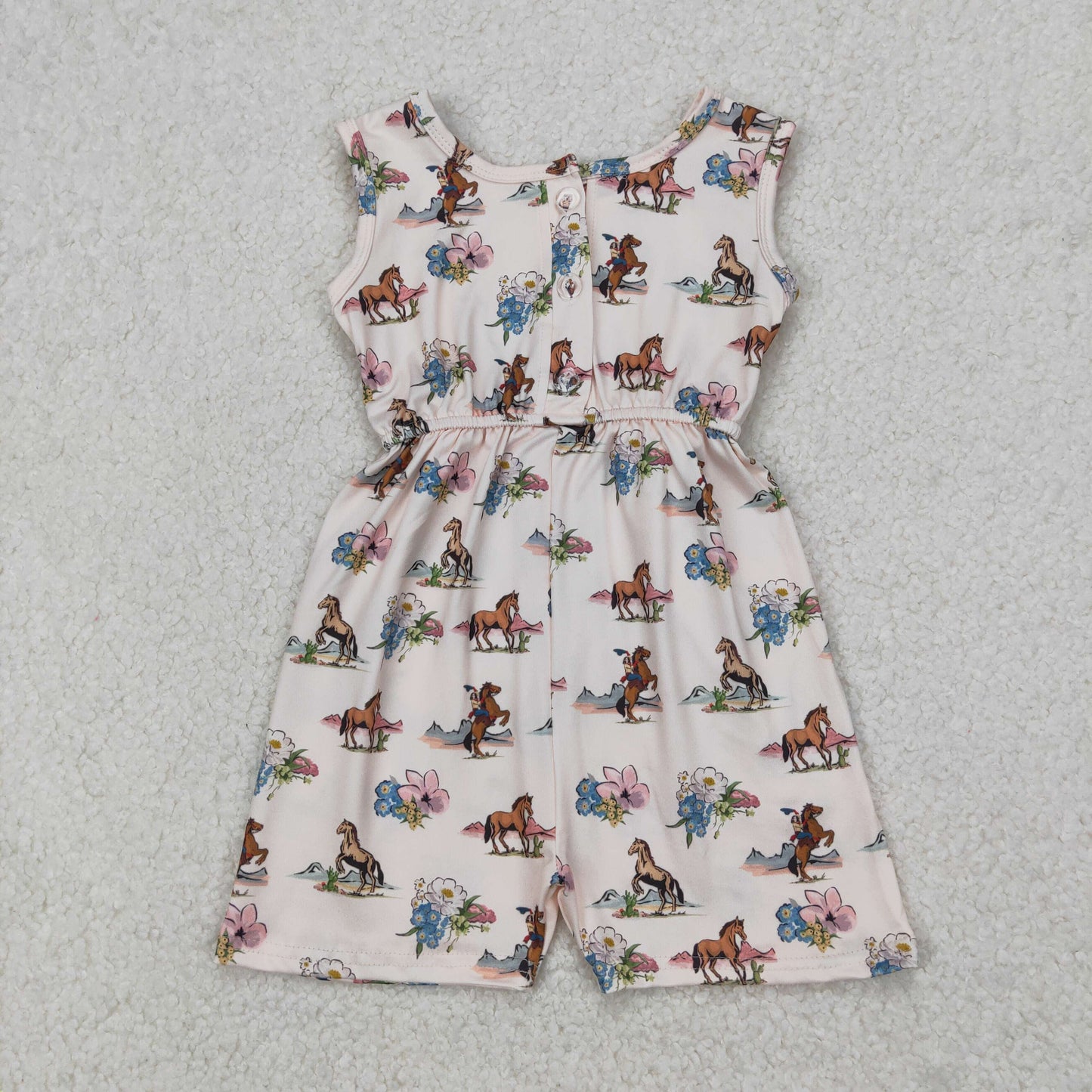 Baby Girls Sleeveless Khaki Horse Rodeo Floral Pockets Jumpsuits