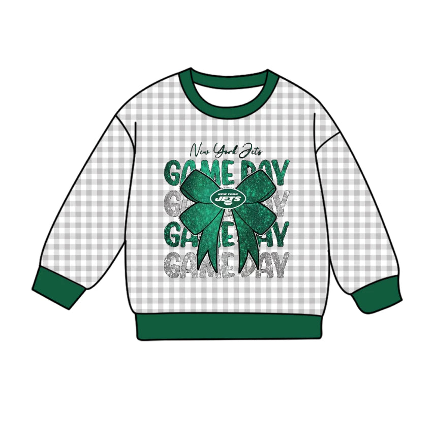 Preorder , 5 MOQ Baby Girls Sport Team Red Green Bow Yellow Gingham Long Sleeve Top