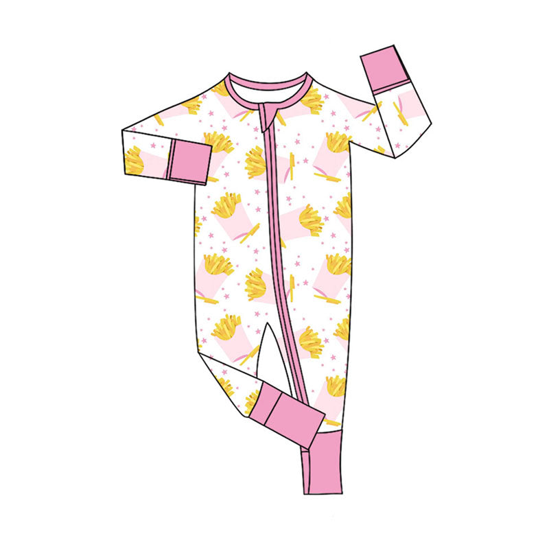 Preorder , 5 MOQ Baby Girls french fries long sleeve footed romper