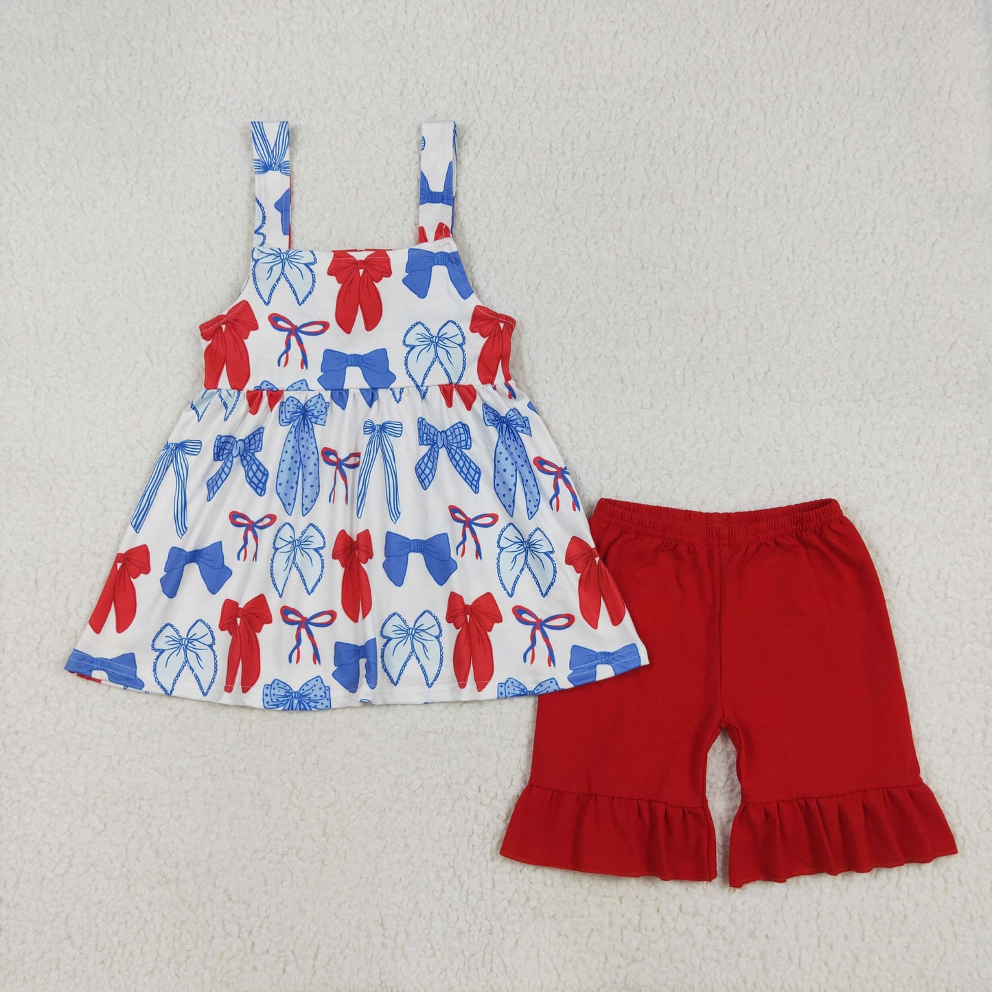 Baby Girls Strap Red Blue Bows Tunic Ruffle Short 4th Of July Set
