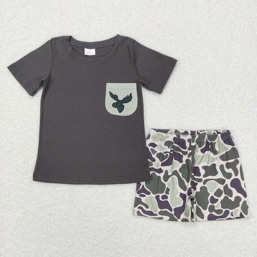 Baby Boys Dark Gray Short Sleevs Deer Pocket Top Camo Pockets Short Western Set