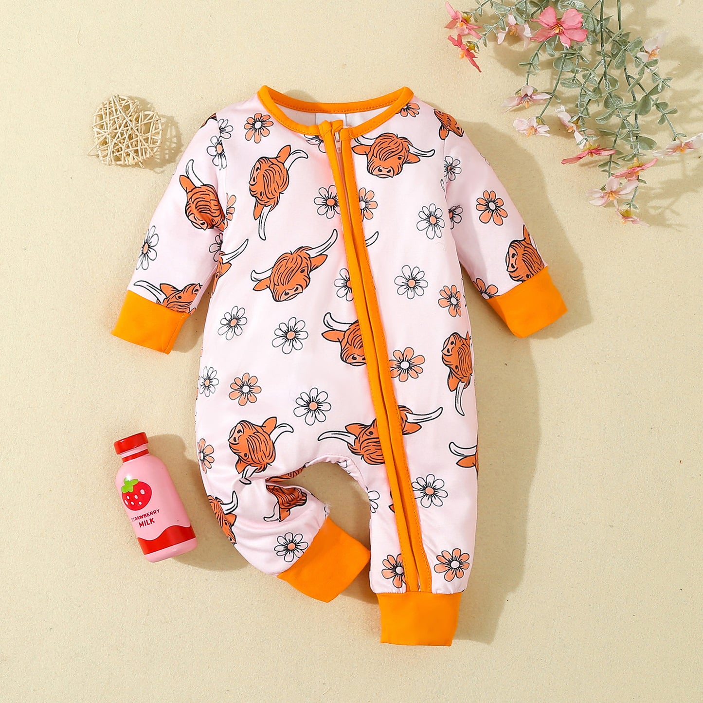 3 MOQ Baby Girls Highland Cow Zip Romper Pre-order
