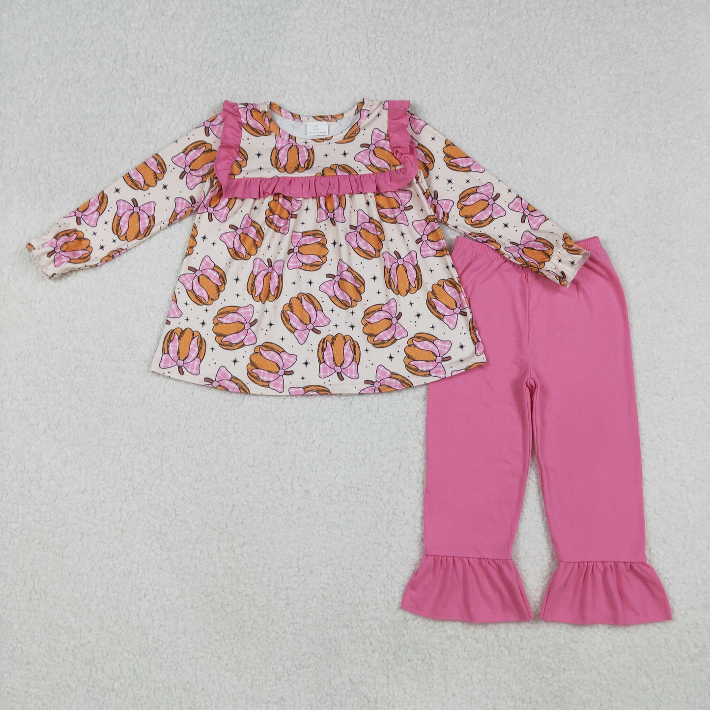 GLP2348 Pink Bow Pumpkin Tunic Top With Pink Pants Outfit For Kids Girls
