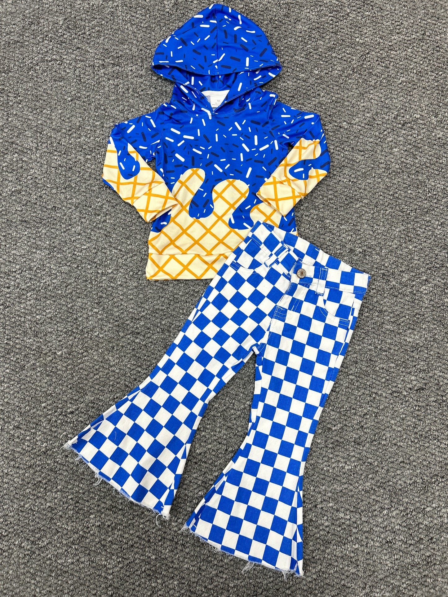 Ice Cream Drip royalblue Hoodie Top With Checked Bell Bottom Jeans Set