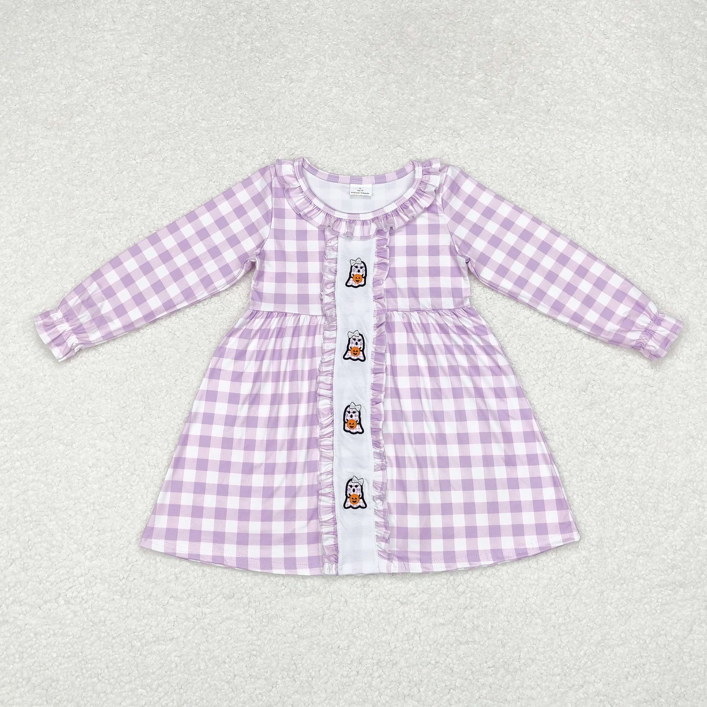 Baby Girls Halloween Ghost Pumpkin Purple Gingham Long Sleeve Dress