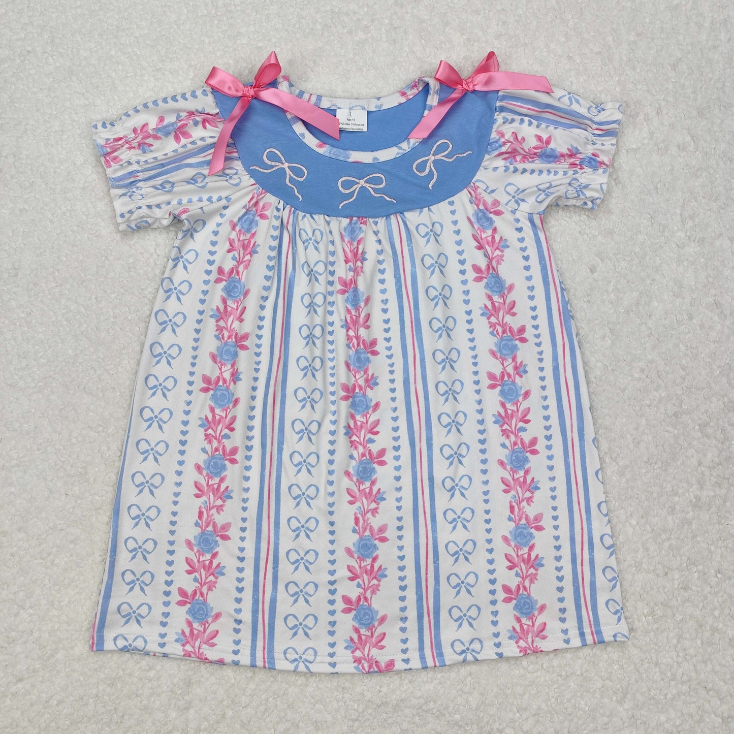 Sibling Baby Girls Embroidery Pink Bows And Blue Bow Stripe Dress and Romper
