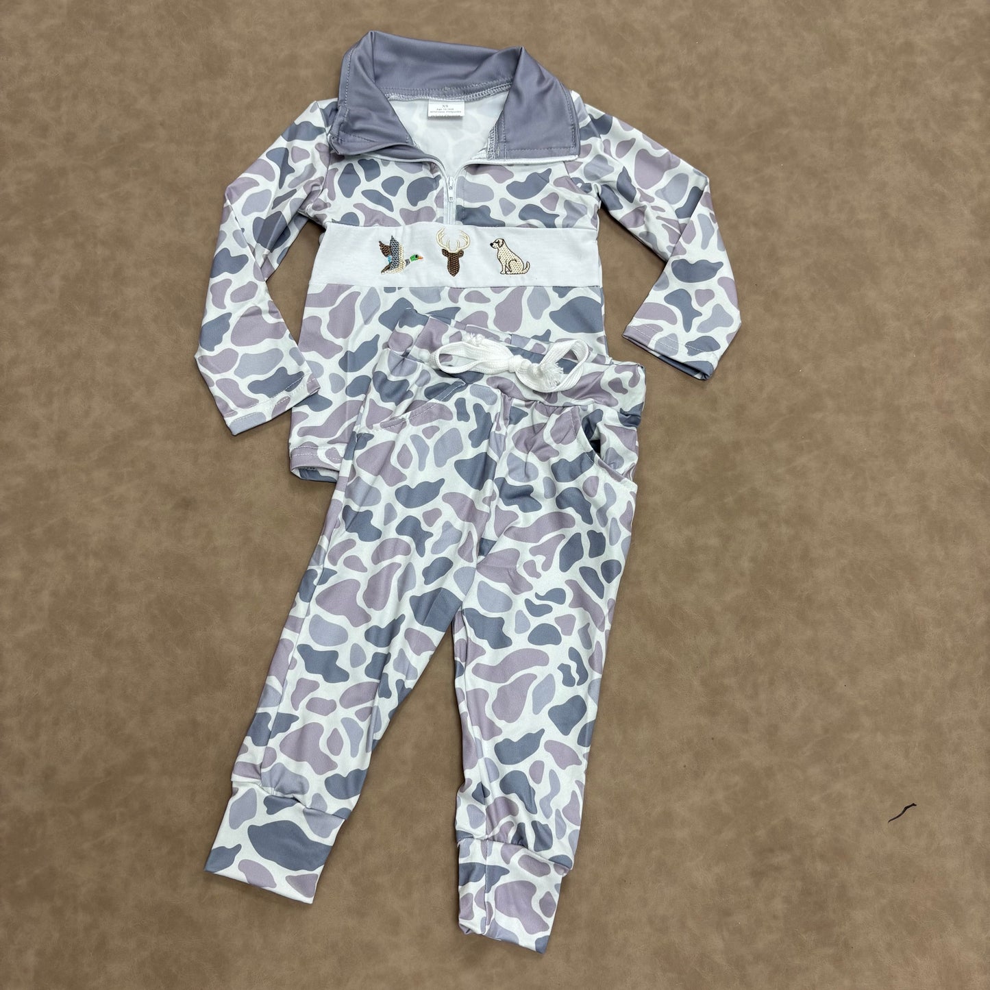 Kids Boys Hunting Duck Deer Dog Grey Camo Pullover Top Jogger Set