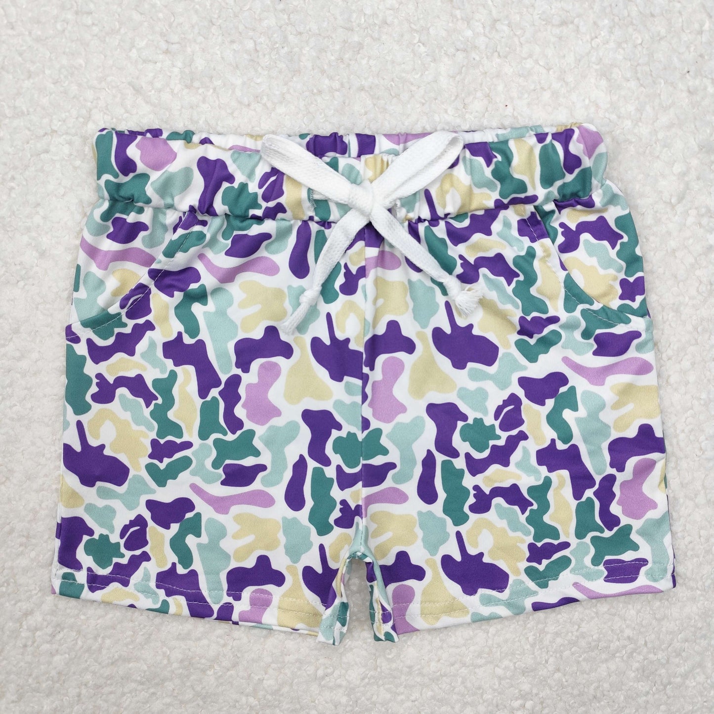 Baby Boys Purple Green Yellow Camo Print Mardi Gras Shorts