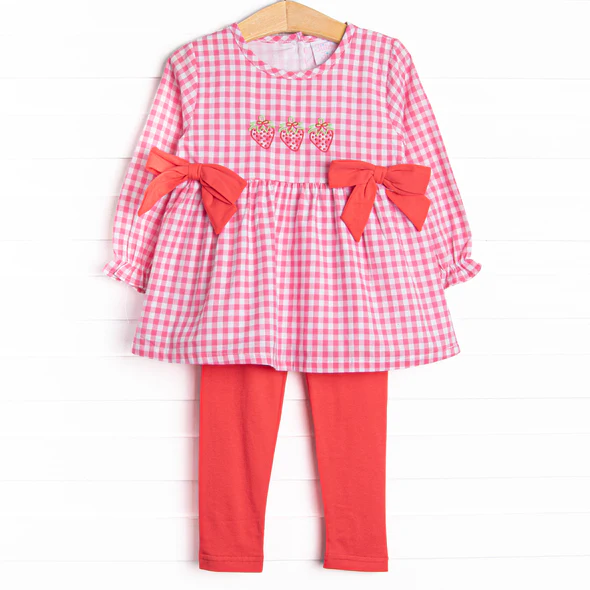 Baby Girls Strawberry Gingham Tunic Top Red Pants Set 5 MOQ