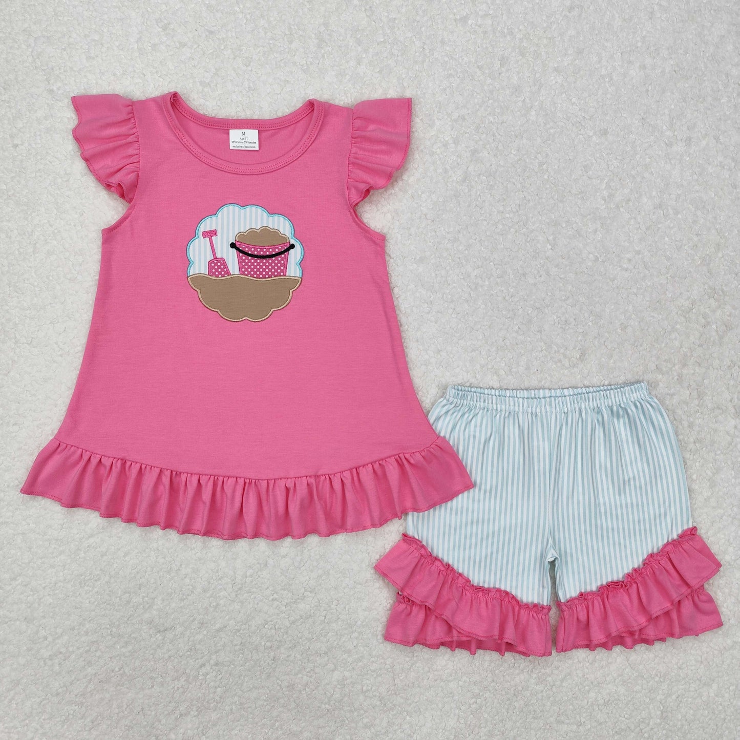 Sibling Baby Kids Short Sleeves Embroidery Beach Top Light Blue Stripe Shorts Set