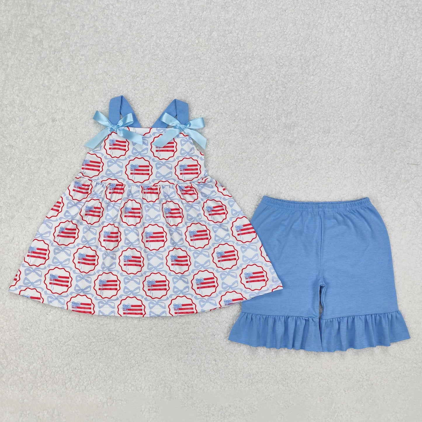 Baby Girls Blue Strap Bows Plaid Flags Tunic Ruffle Short 4th Of July Set
