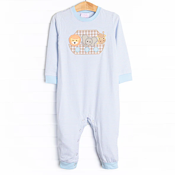 Baby Boys Blue Stripe Elephant Lion Long Sleeve Rompers Preorder 5 MOQ