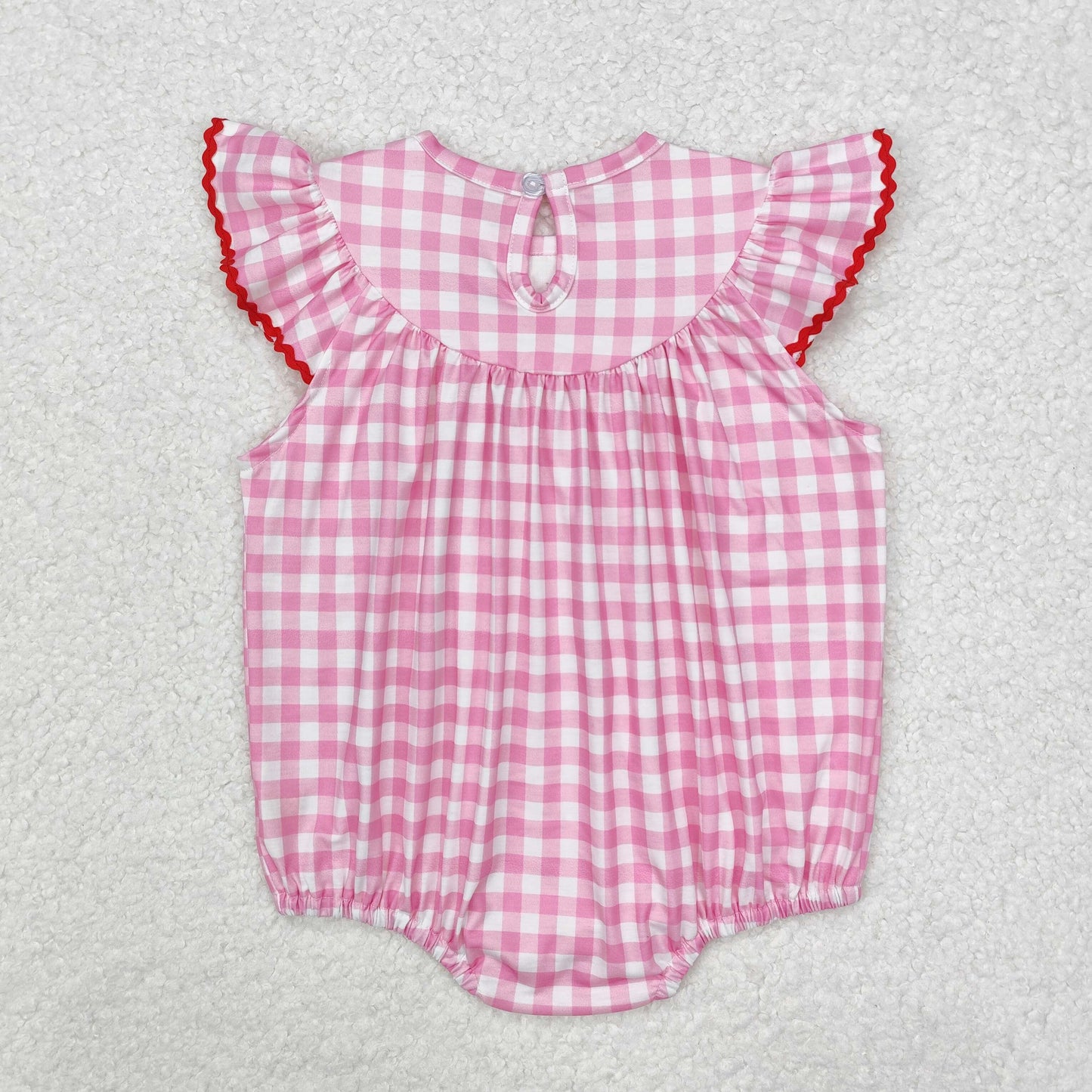 Baby Girls Pink Plaid Flutter Sleeves Embroidery Hearts Bow Valentines Smocked Rompers