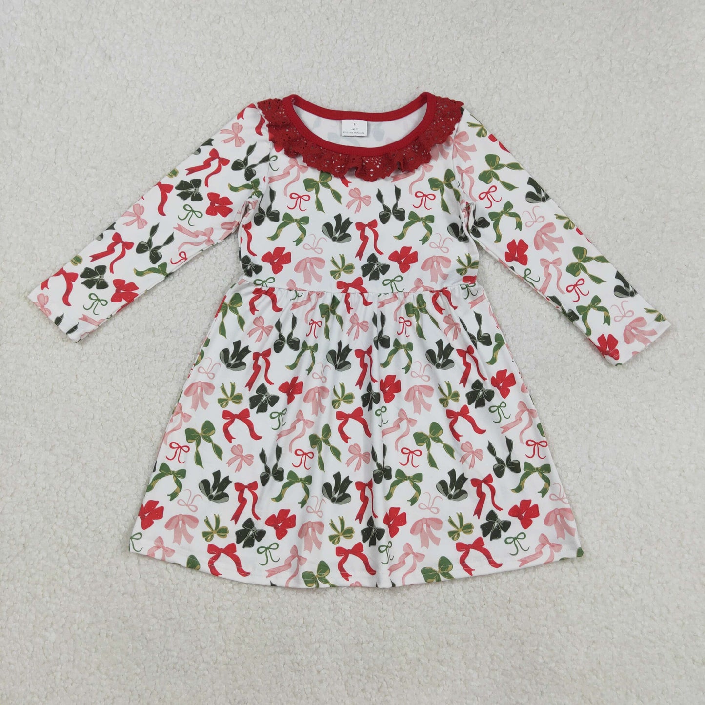 GLD1036 Baby Girls Christmas Green Bow Long Sleeve Dress