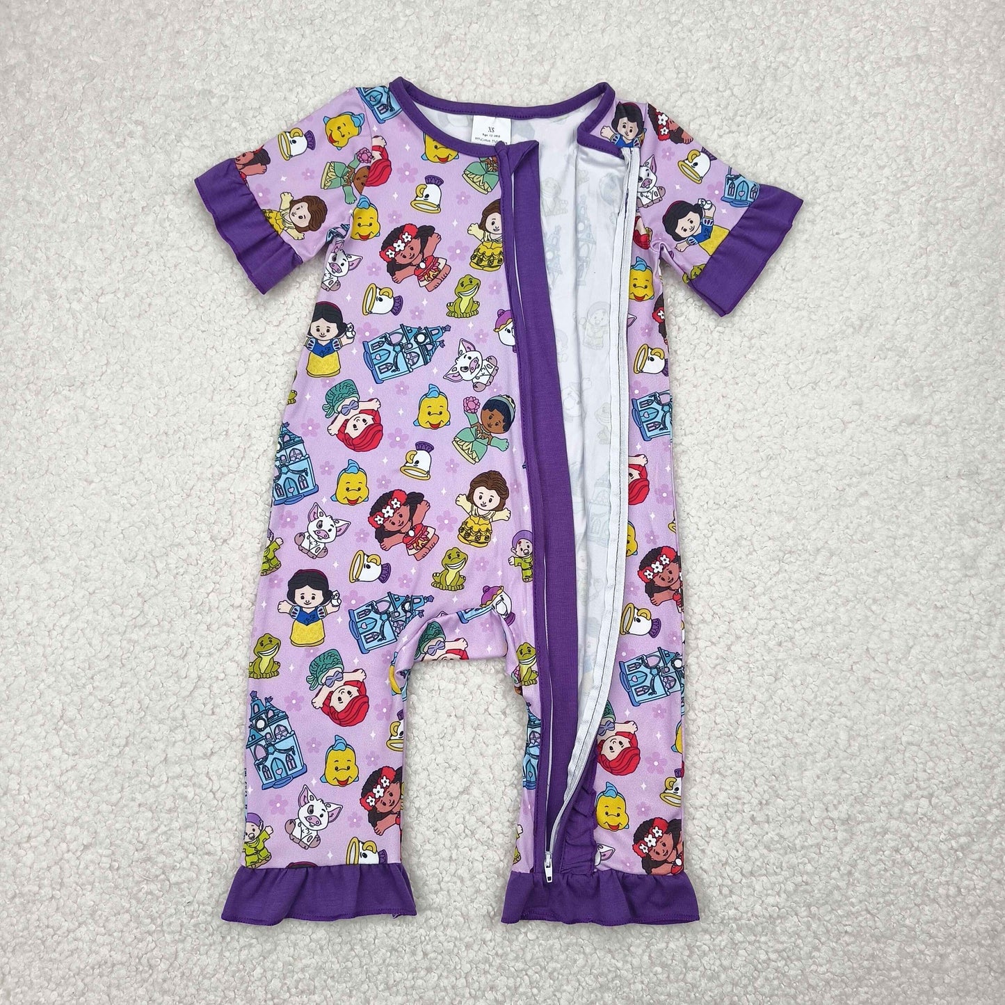 Baby Girls Purple Short Ruffle Sleeves Cartoon Princess Fishes Zipper Rompers