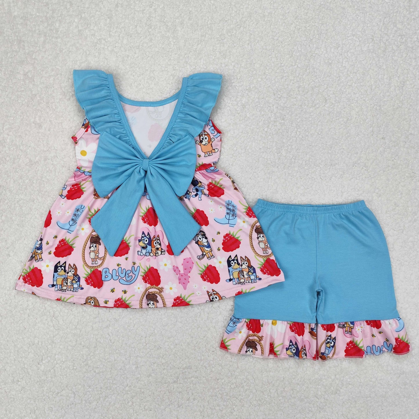 Baby Girls Blue Sleeveless Cartoon Dogs Strawberry Tunic Ruffle Shorts Set