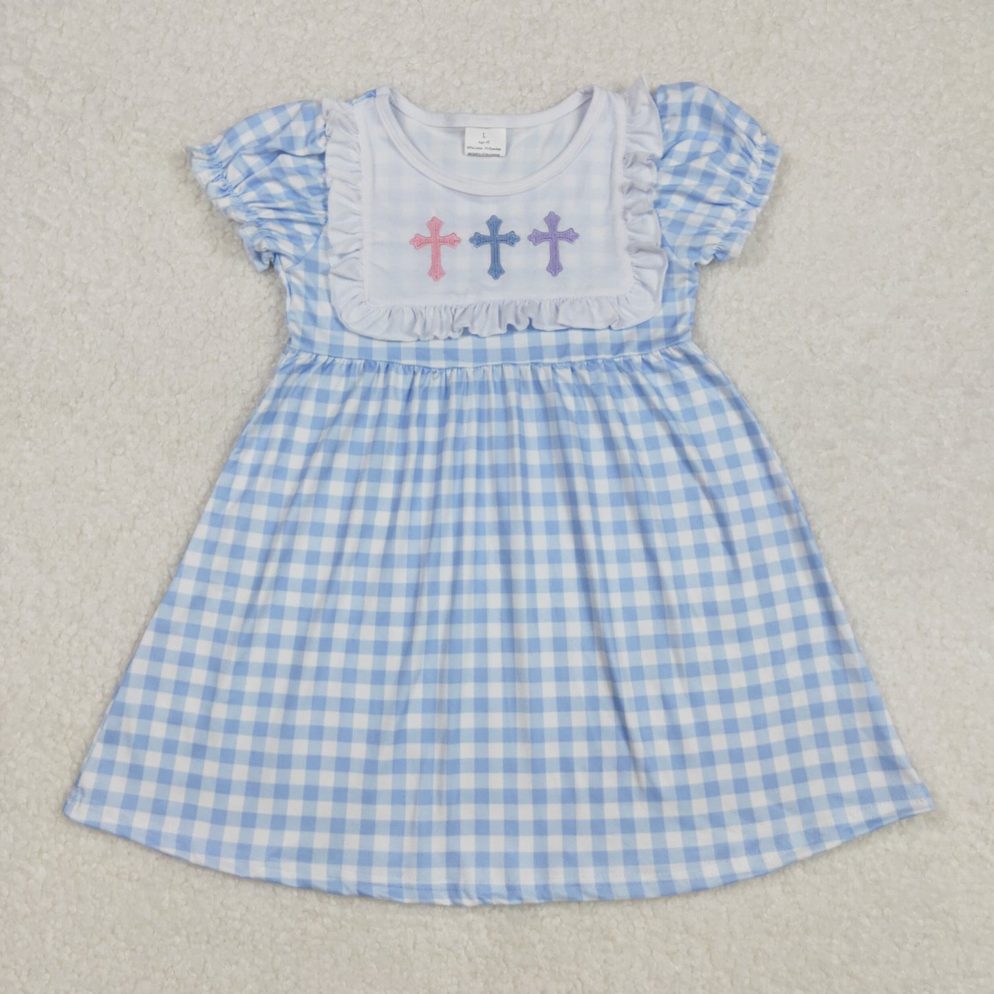 Baby Girls Blue Short Sleeves Plaid Embroidery Cross Easter Dress