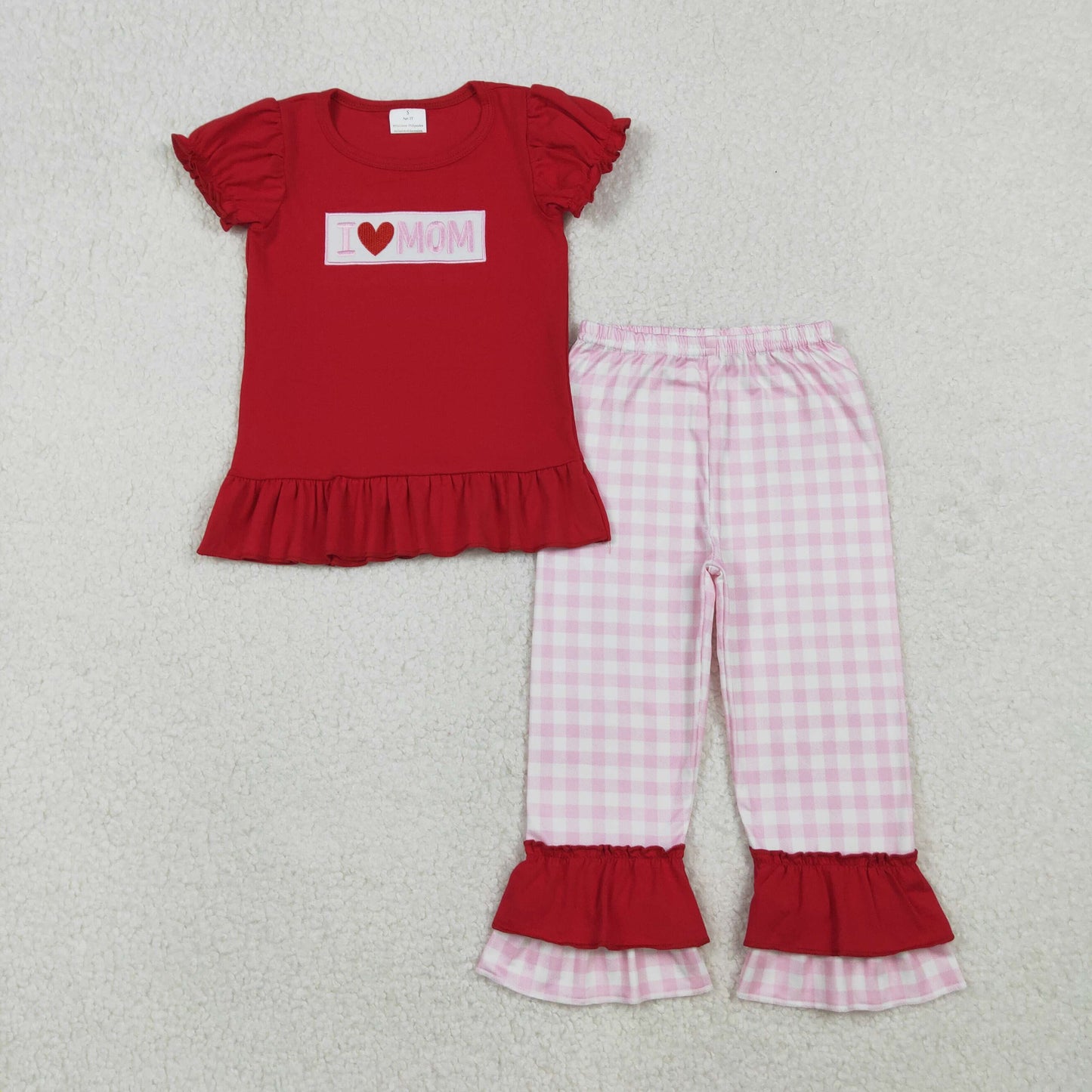 I Love Mom Baby Girls Pink Gingham Ruffle Pants Outfit