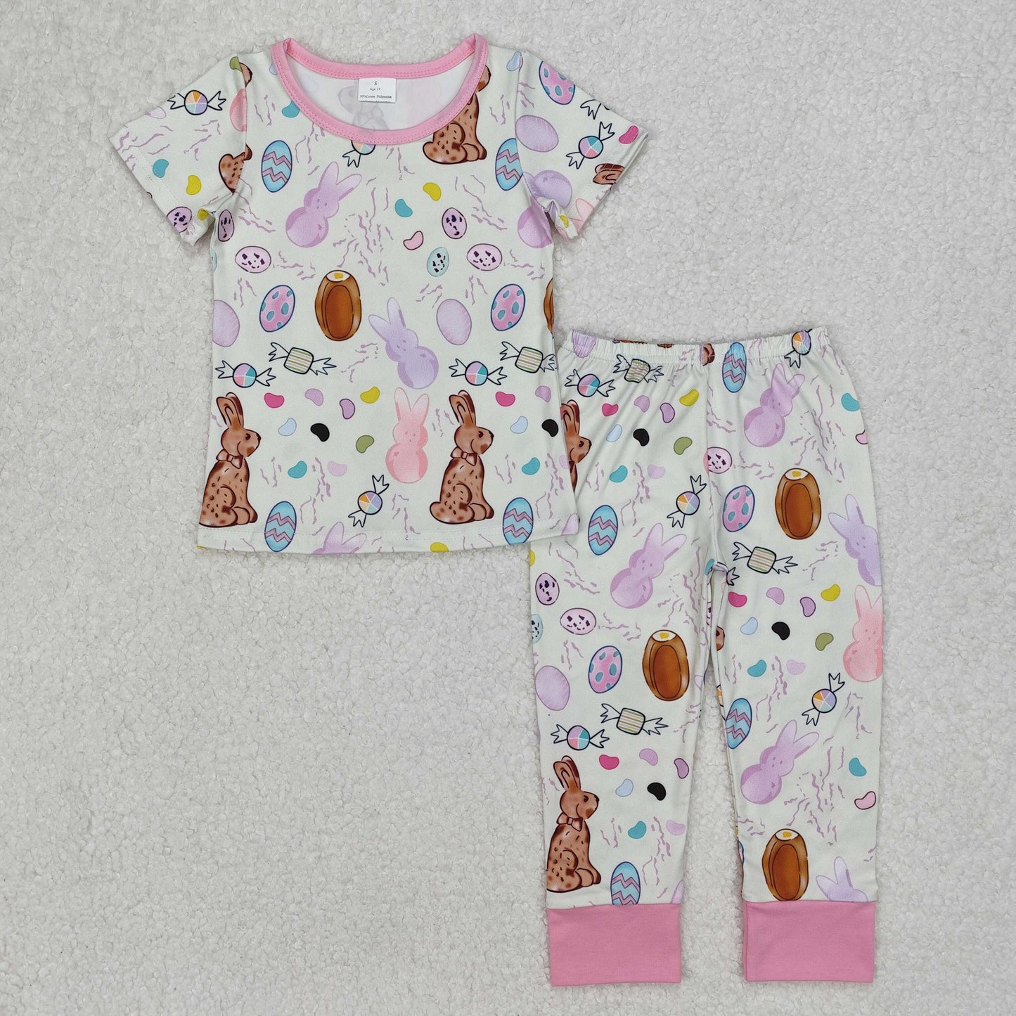Baby Girls Pink Short Sleeves Bunny Eggs Top Pant Easter Pajamas Set