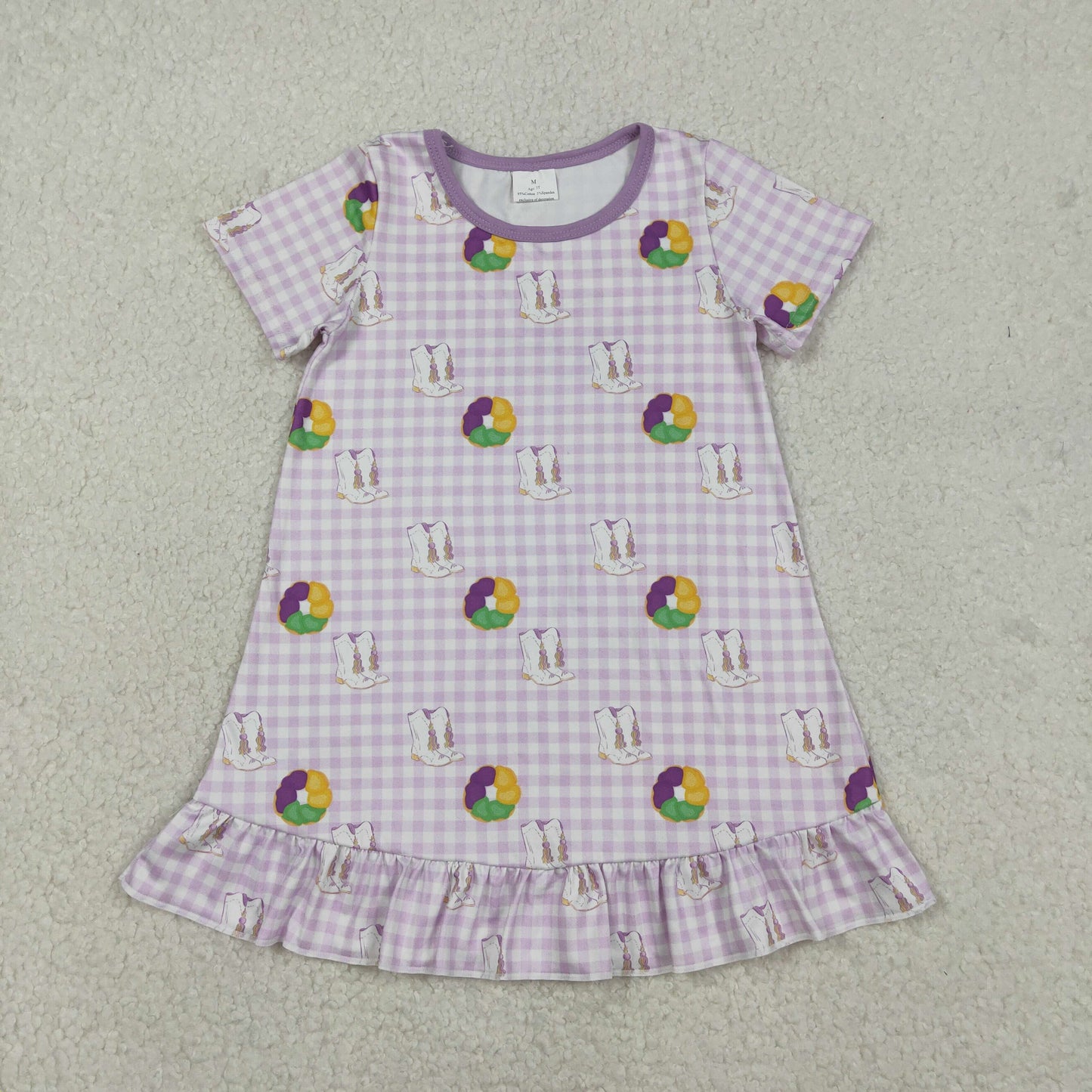 GSD2900 Baby Girls Mardi Gras Violet Gingham Short Sleeve Dress
