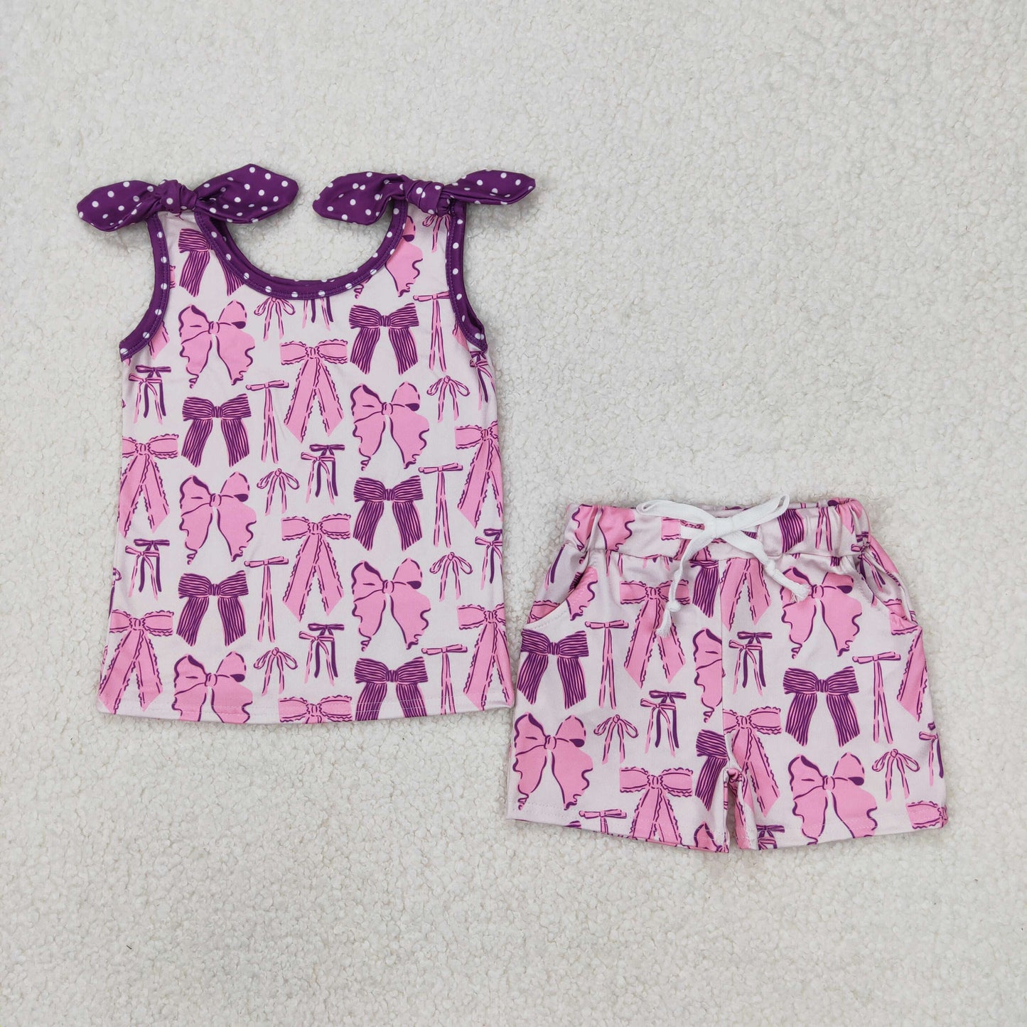 Baby Girls Purple Strap Pink Bows Top Pockets Short Set