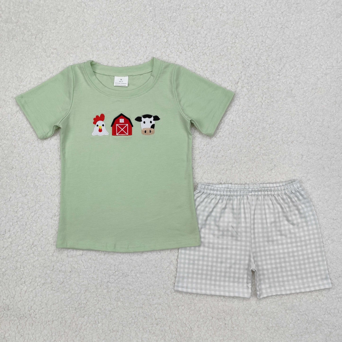 Kids Boys Farm Embroidery Chicken Cow Outfit