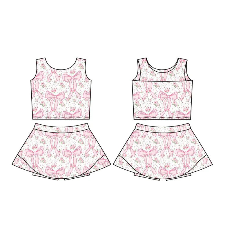 Preorder moq 5 Baby Girls Sleeveless Pink Bows Floral Vest Top Skorts Yoga Set
