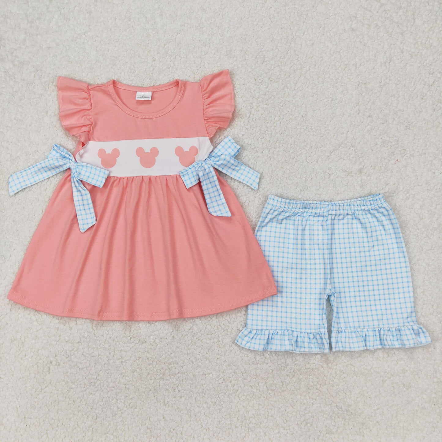 Baby Girls Peach Flutter Sleeves Cartoon Mouses Bows Tunic Ruffle Plaid Shorts Set