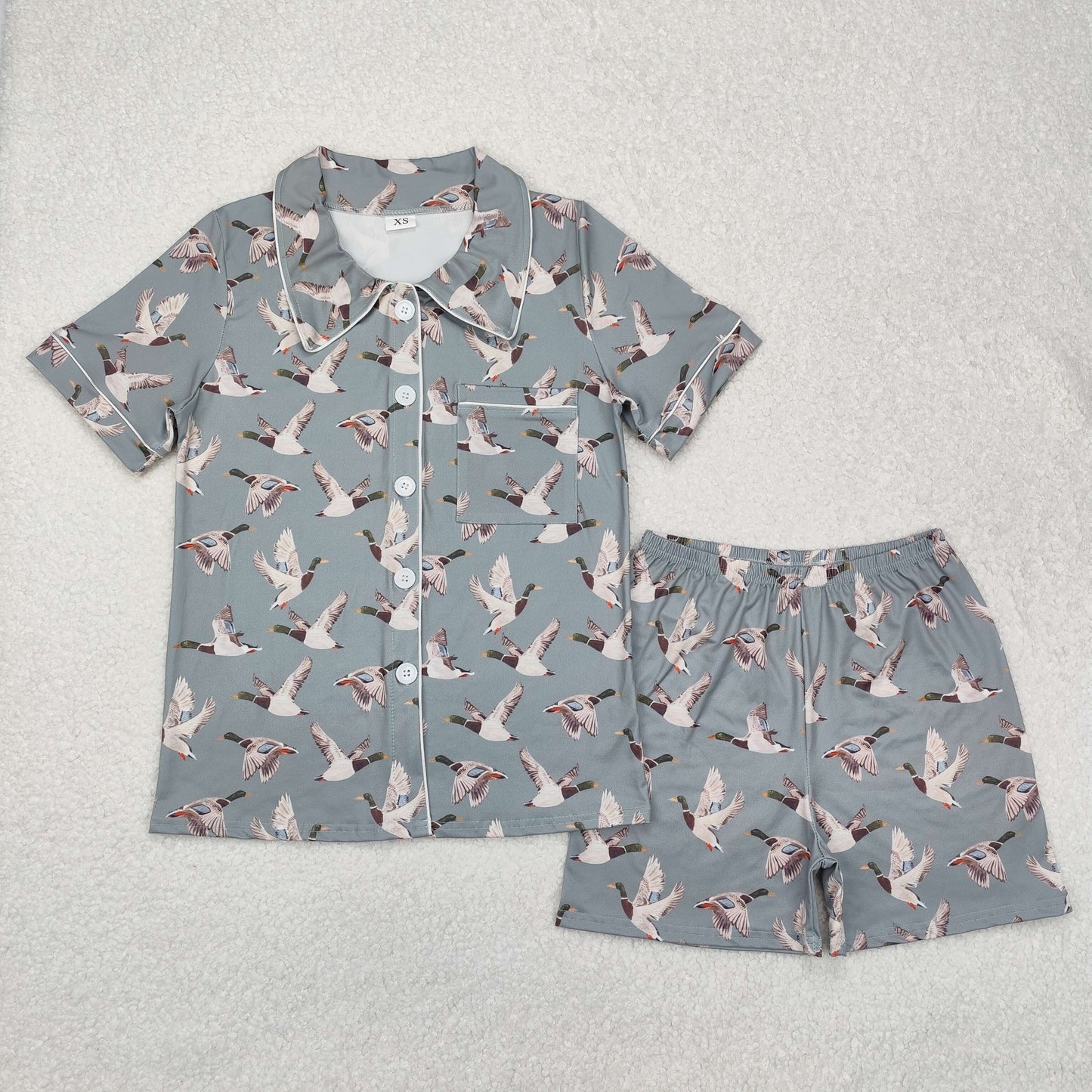 Adult Men Short Sleeve Ducks Print Button Down Top Short Pajamas Set