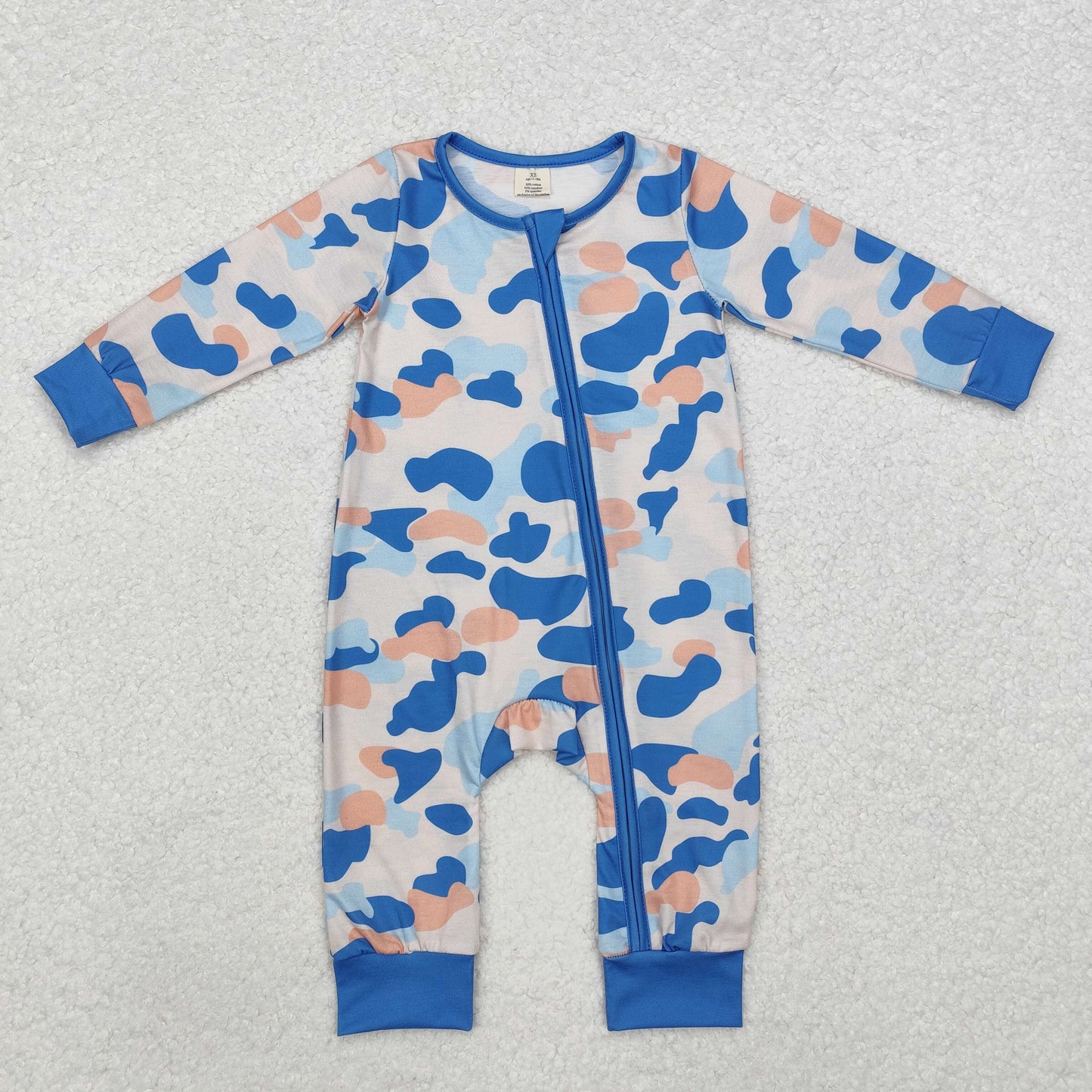 Baby Boys Blue Camo Long Sleeve Bamboo Zip Romper