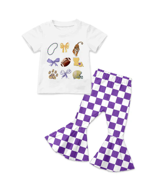 Preorder 5 MOQ Baby Girls Football Team LUS Purple Checked Bell Bottom Pants Outfit