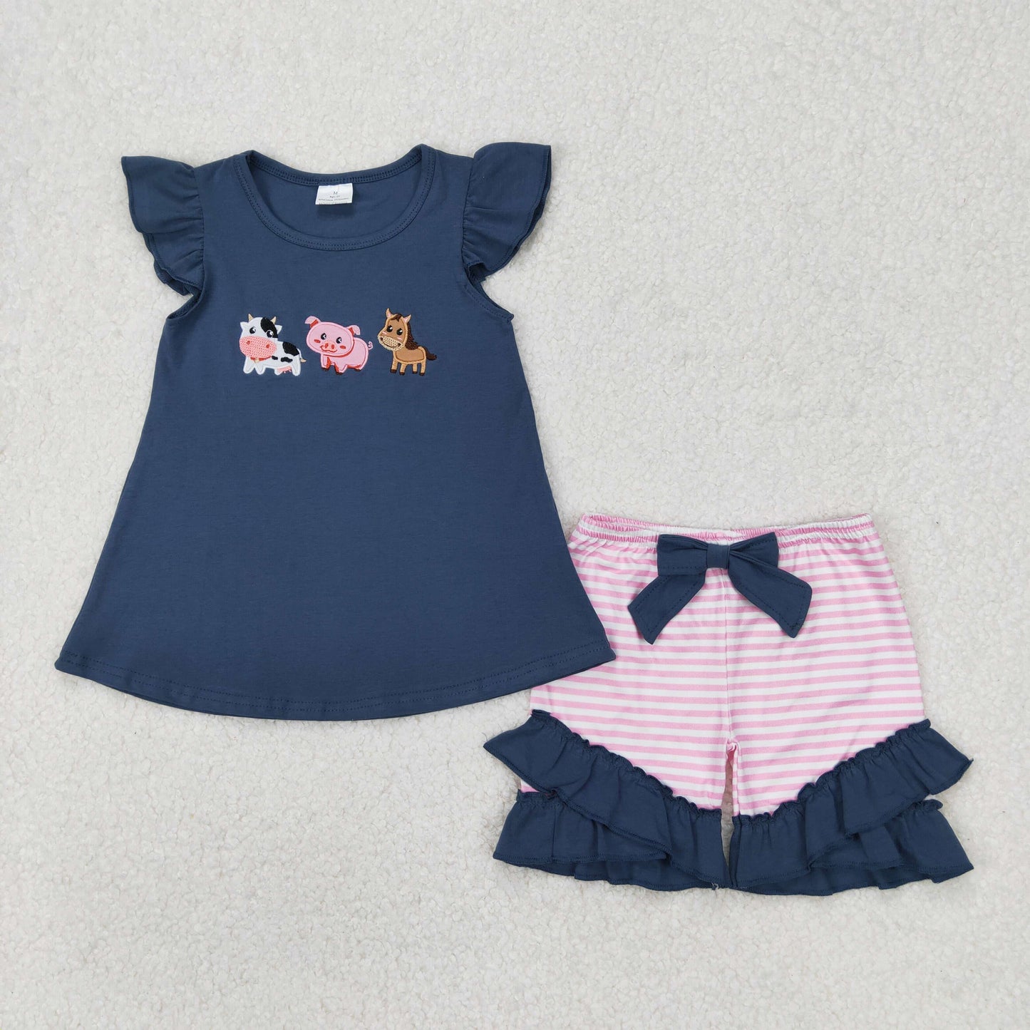 Baby Girls Navy Flutter Sleeves Embroidery Cow Pig Top Pink Striep Ruffle Shorts Farm Set