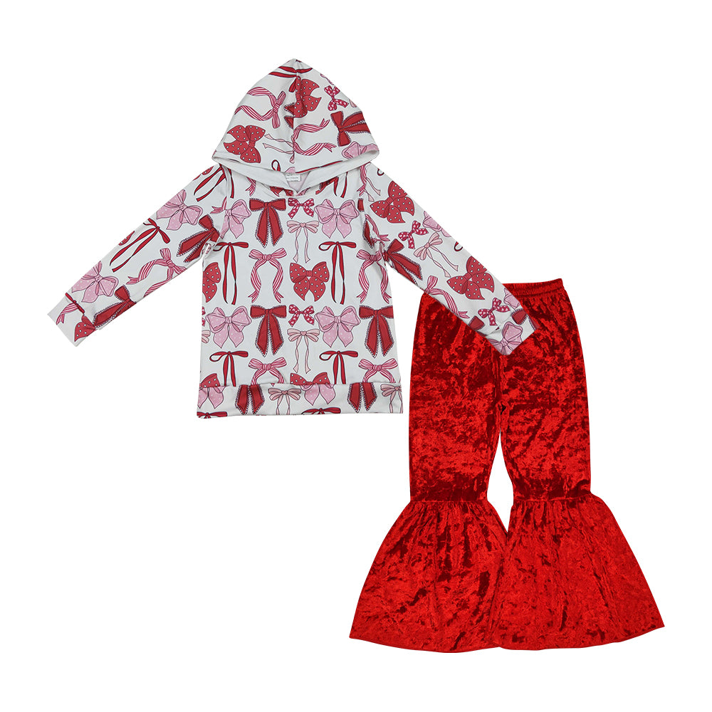 Baby Girls Bow Hoodie Top With Red Velvet Pants Outfit