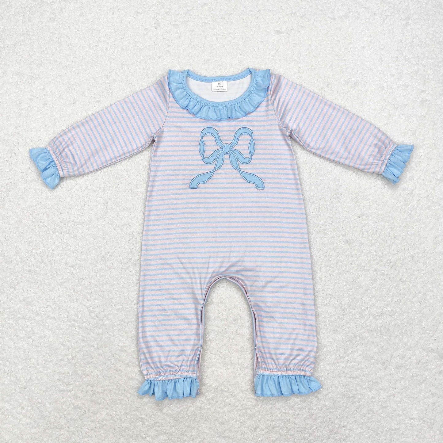 Baby Girls Blue Bow Pink Striped Long Sleeve Romper