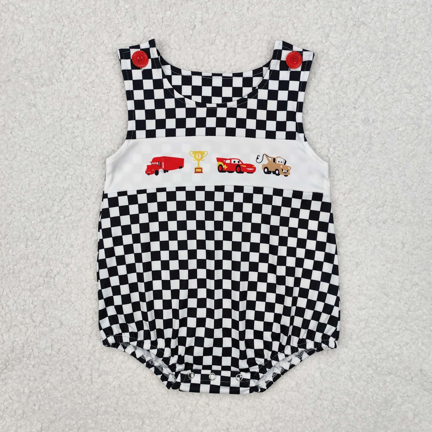 Baby Boys Romper Sleeveless Black Plaid Cartoon Cars Print