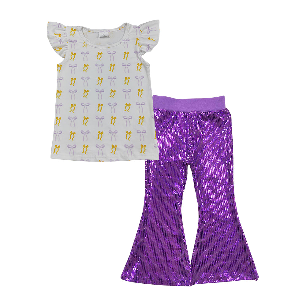 Baby Girls Mardi Gras Bow Top With Purple Sequin Pants Outfit