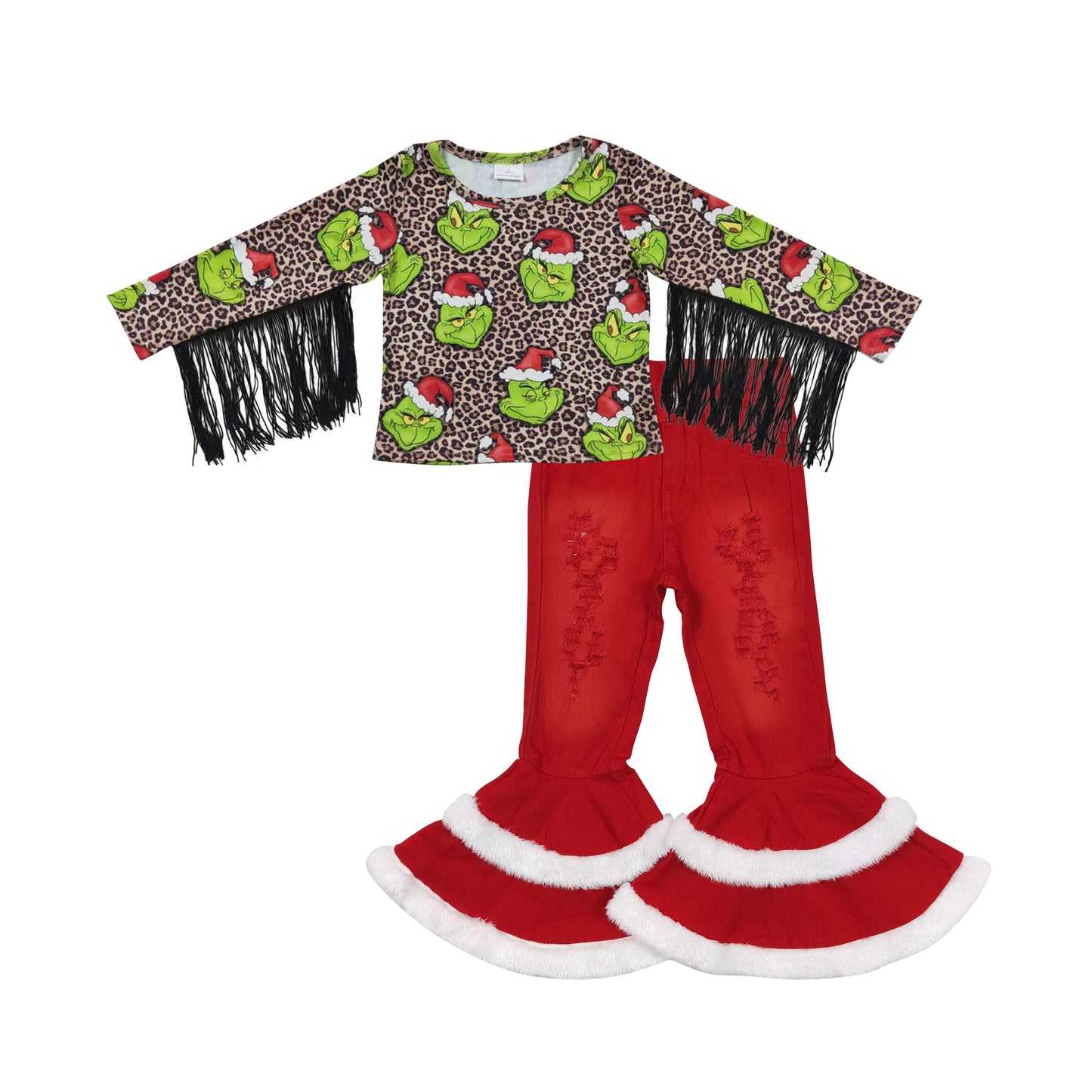 Baby Girls Christmas Tassel Shirt Red Denim Pants clothes sets