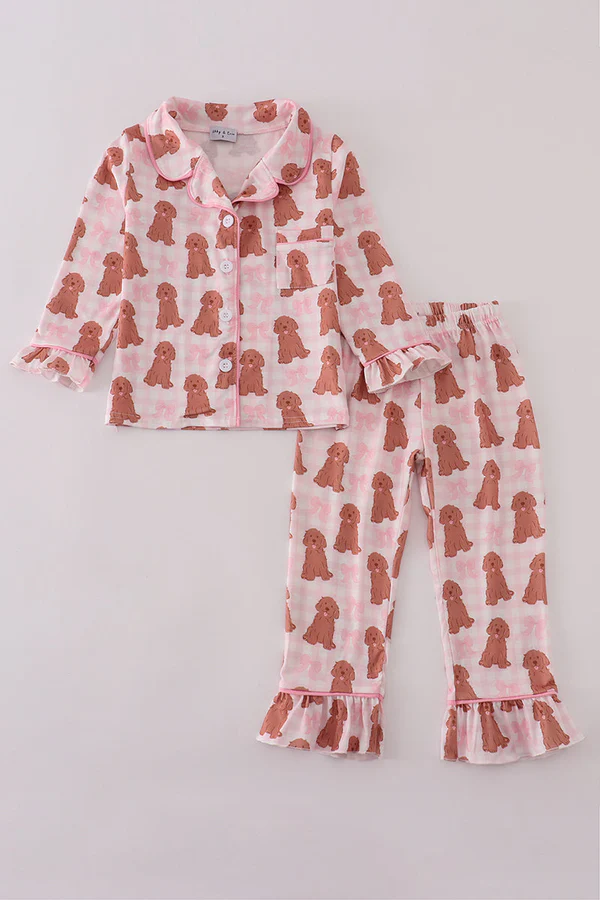Preorder 5 MOQ Pink puppy bow print ruffle pajamas set
