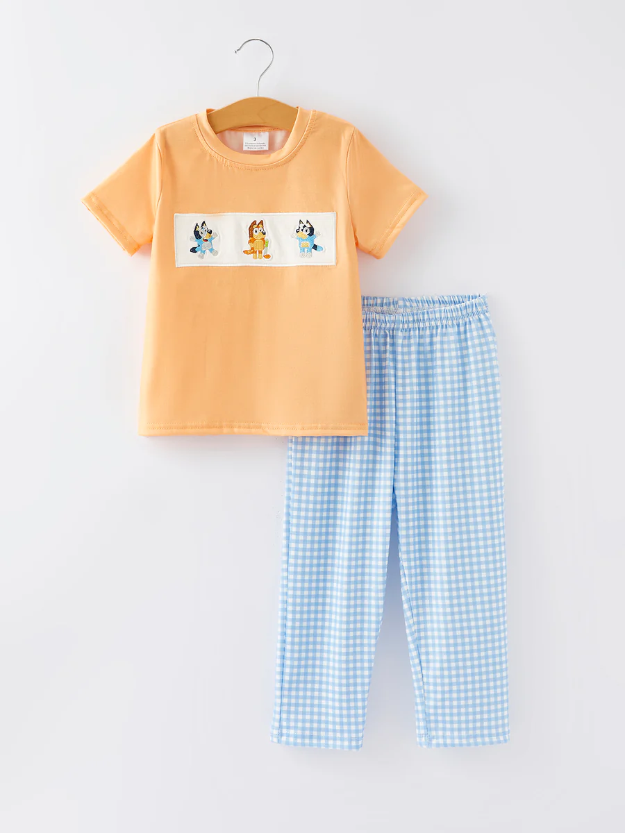 Baby Boys Cartoon Dog Blue Gingham pants set Preorder 5 MOQ