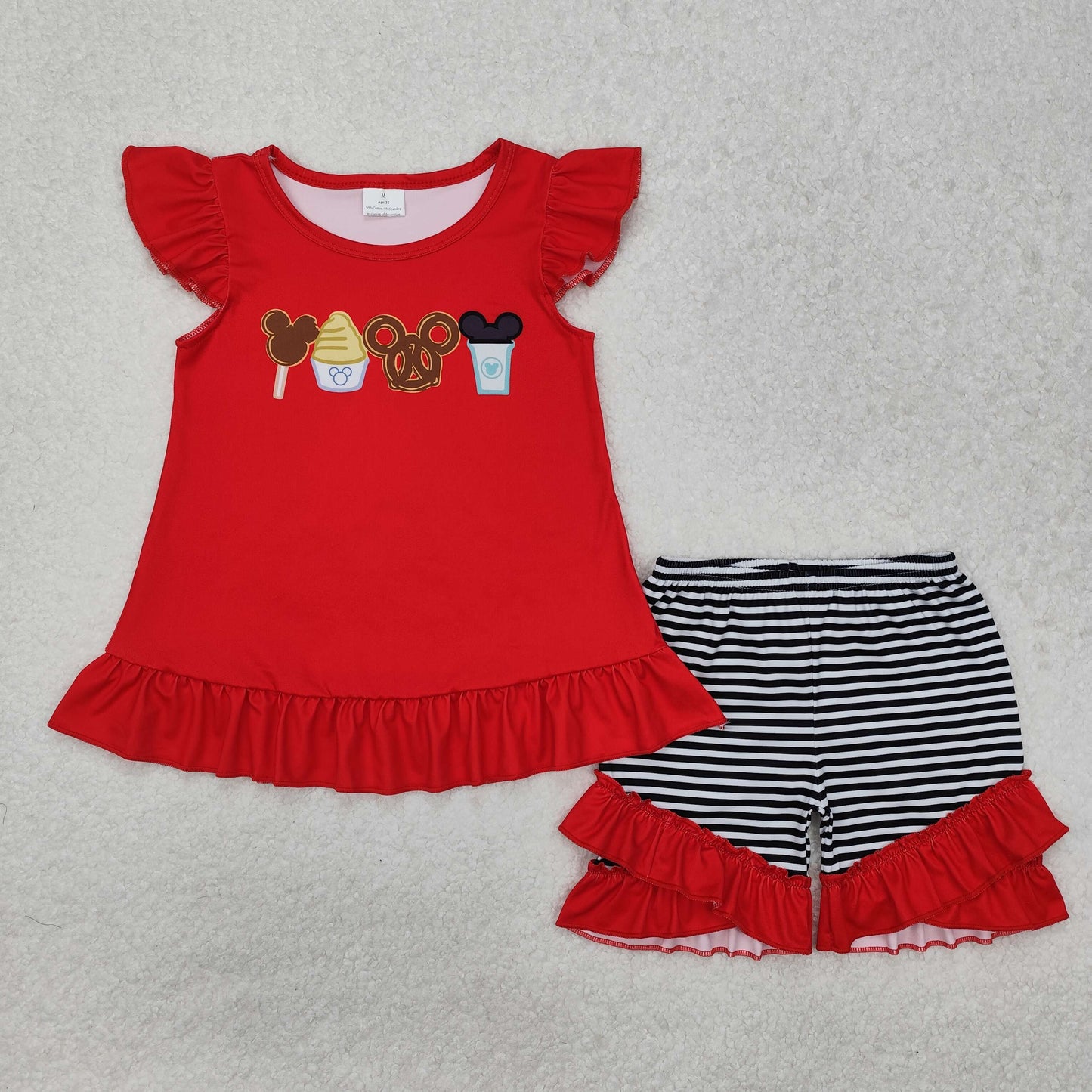 Baby Girls Red Flutter Sleeves Cartoon Mouse Icecream Print Tunic Black Stripe Ruffle Short Set
