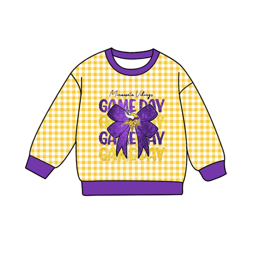 Preorder , 5 MOQ Baby Girls Sport Team Game Day Purple Bow Yellow Gingham Long Sleeve Top