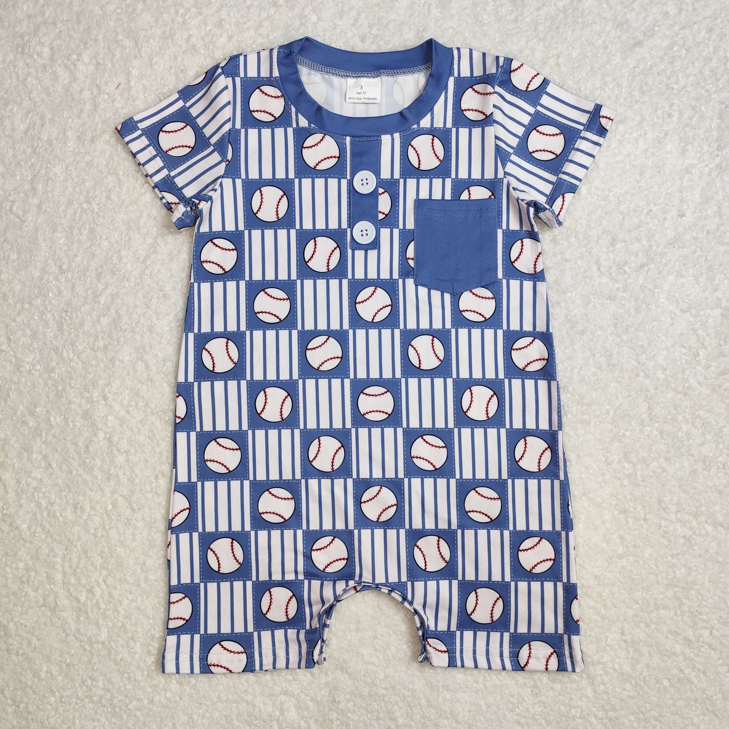 Baby Boys Blue Short Sleeves Baseballs Button Down Pocket Rompers