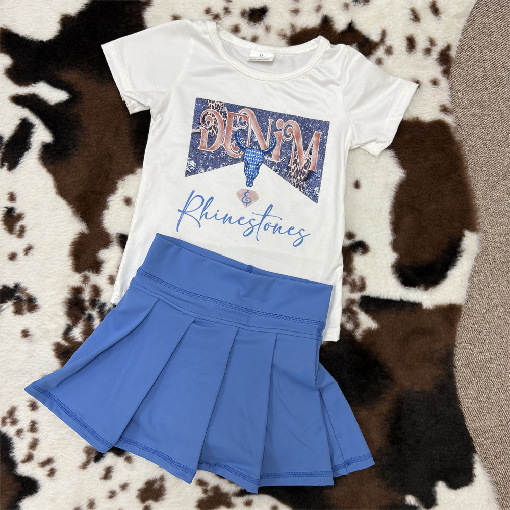 Sibling Girls Summer Wear Western Print Short Sleeve White T-shirt Top Pleated Skirt Boutique Outfit