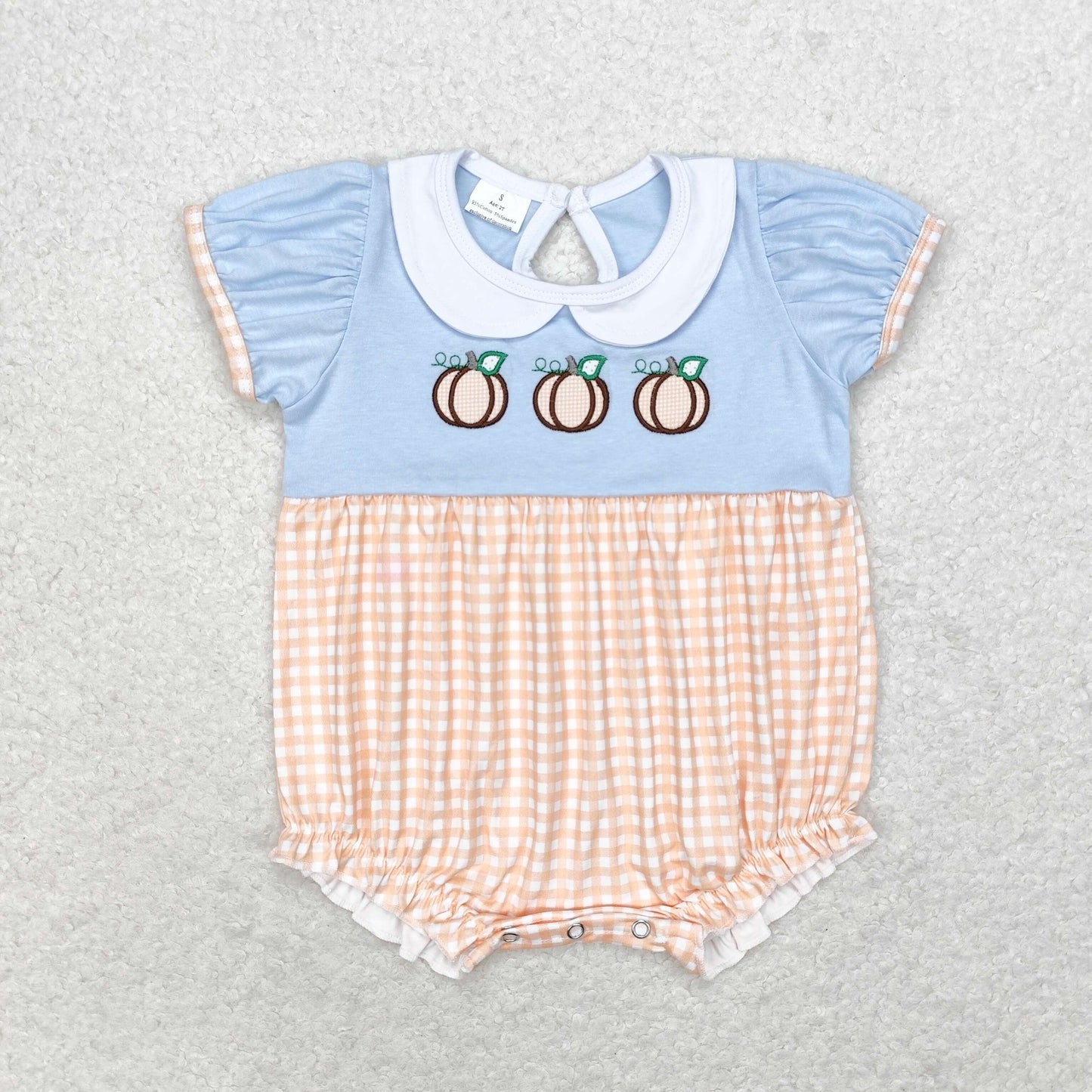 Newborn Baby Girls Pumpkin Gingham Short Sleeve Romper